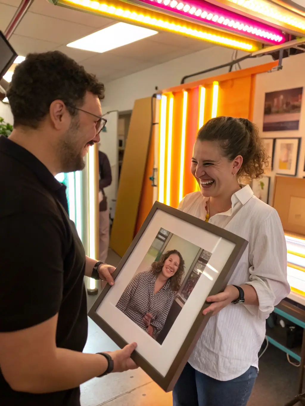 An image of a customer receiving a replacement print, showcasing the seamless exchange process and customer satisfaction.