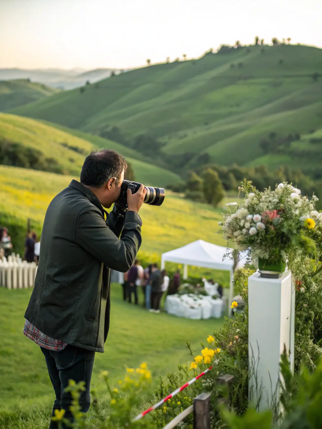 A photographer in the field, capturing a moment with a professional camera, showcasing the dynamic environment at MagnumPhotosVN.