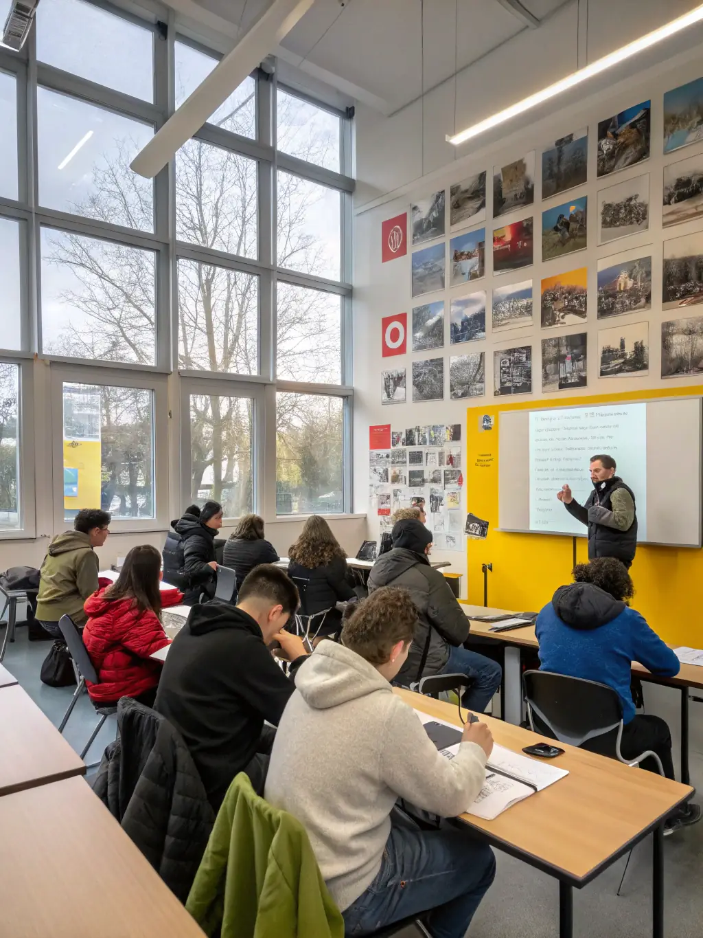 A high-quality photograph of a diverse group of students actively participating in a photography workshop, focusing on portrait lighting techniques, set in a modern studio environment with professional equipment.