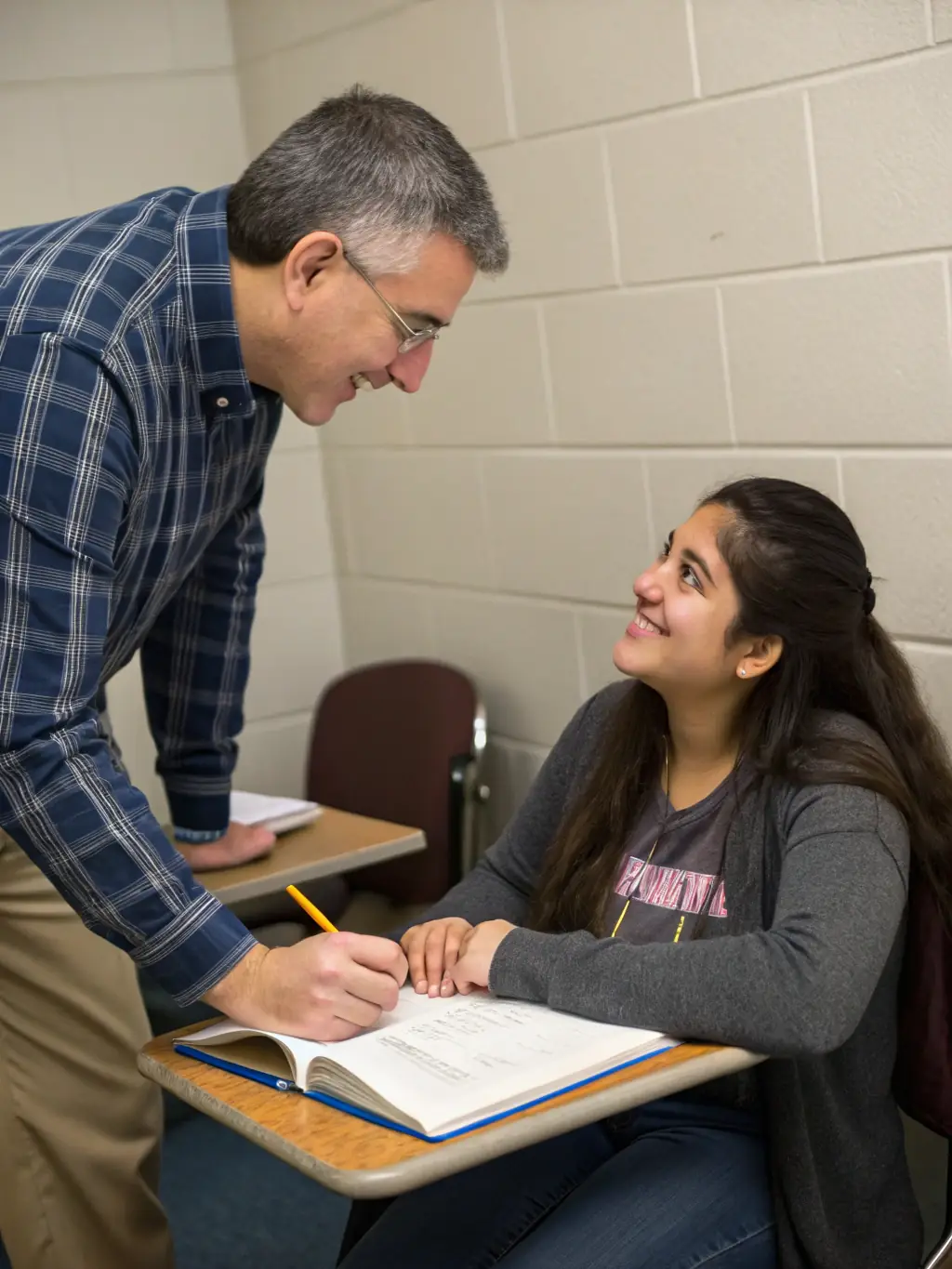 A photograph of a PPAC instructor giving personalized feedback to a student in a photography class, showcasing the close interaction and mentorship provided by the expert faculty.