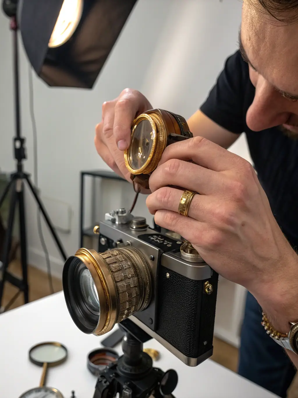 A close-up shot of a photographer meticulously adjusting settings on a vintage film camera, highlighting the tactile and artistic aspects of analog photography.