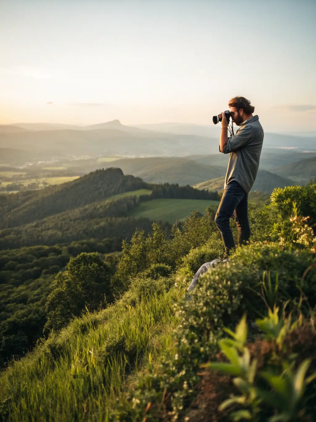 A captivating image of a photographer in the field, capturing a breathtaking landscape at sunset, emphasizing the use of natural light and composition techniques.