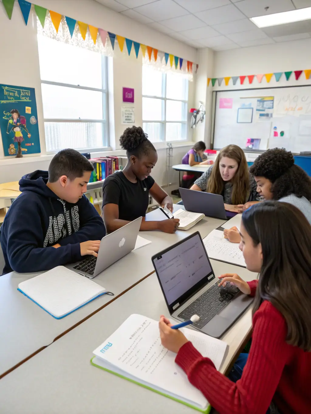 A group of PPAC students collaborating on a photography project in a brightly lit classroom, demonstrating the supportive and collaborative learning environment.