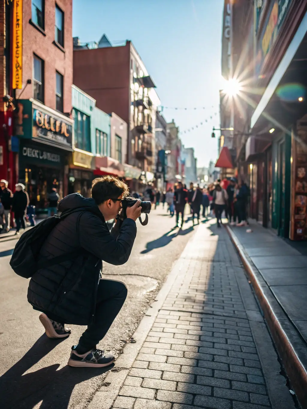 A dynamic photograph of a photojournalist in action, capturing a decisive moment in a bustling urban environment, showcasing the power of visual storytelling.