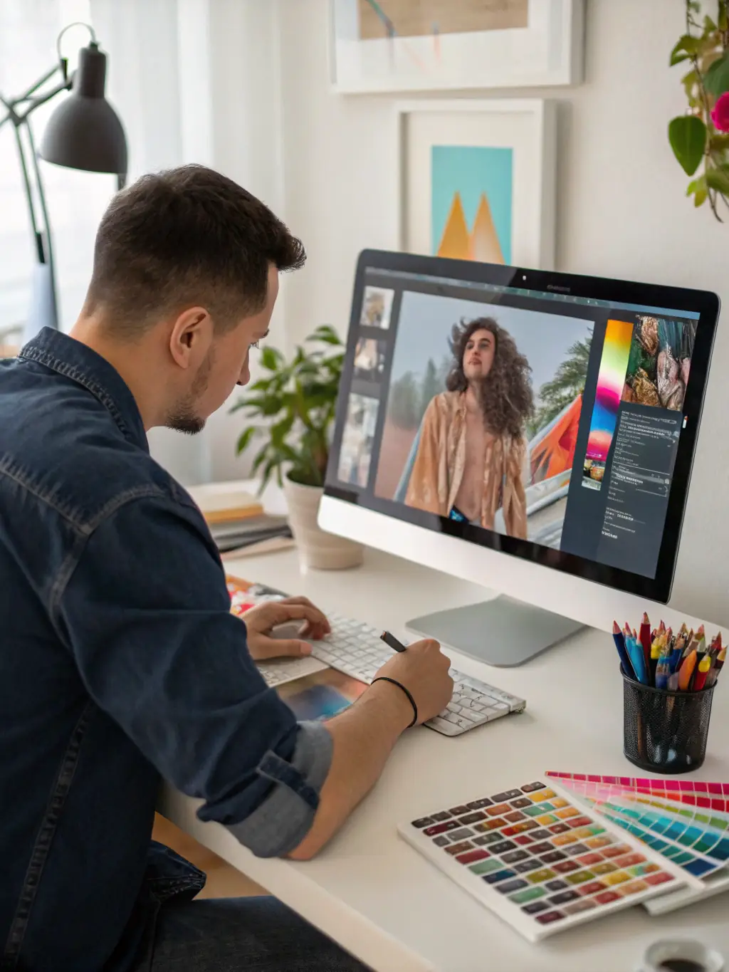 A digital artist working on photo editing software, demonstrating the post-processing work at MagnumPhotosVN.